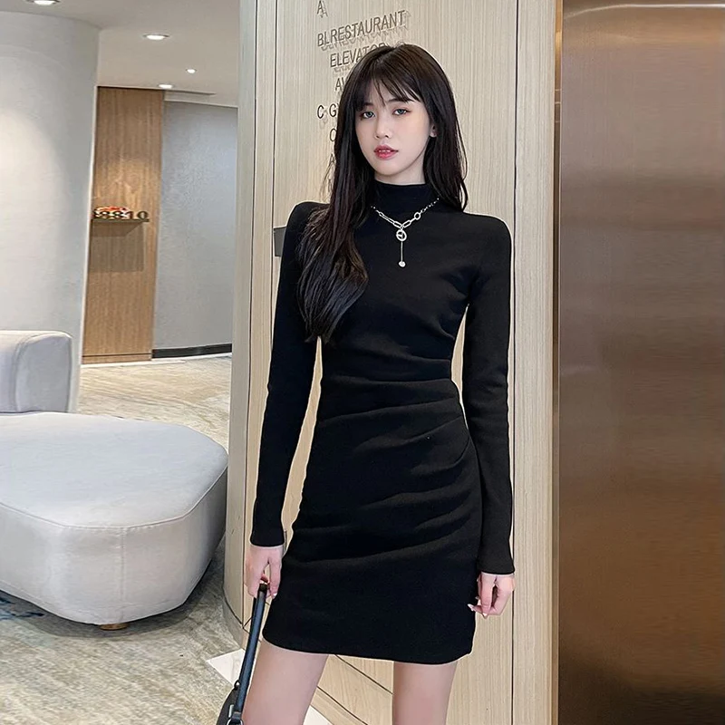 

Универсальное платье в корейском стиле с полувысоким воротником, женское осенне-зимнее пальто, внутренняя одежда, базовый слой, юбка с запахом вокруг дизайна