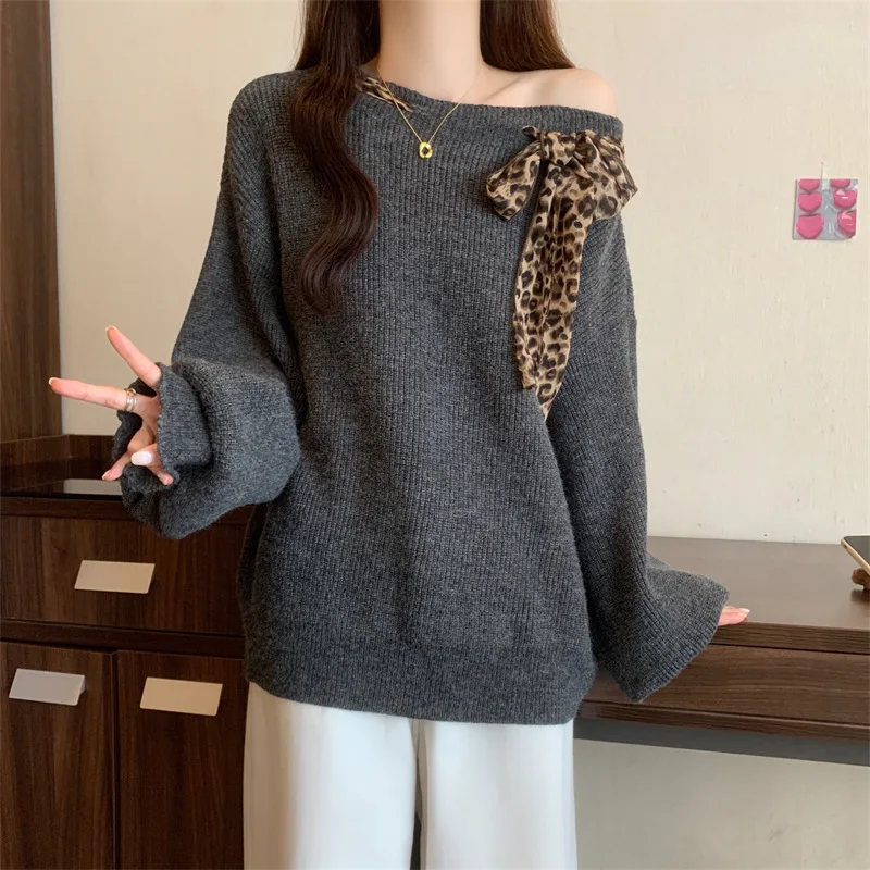 

Women's Korean-style Leopard Print Ribbon Design Autumn/Winter Soft Knit Sweater Top with Straps and Off-Shoulder Detail