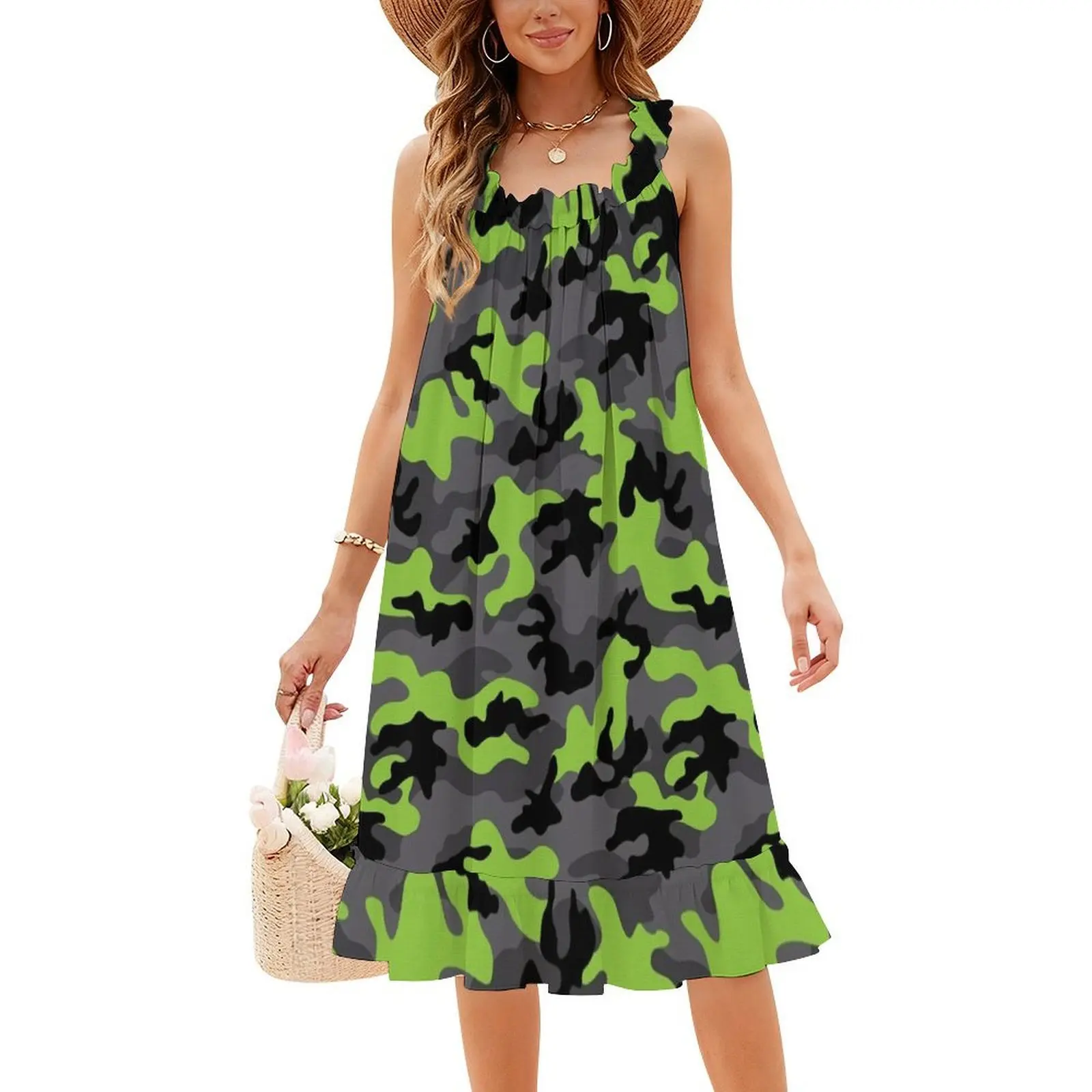 فستان بوهيمي عتيق بنمط مموه باللون الأخضر النيون والرمادي الليموني بأكمام منتفخة أو خيارات بدون أكمام لفستان النساء