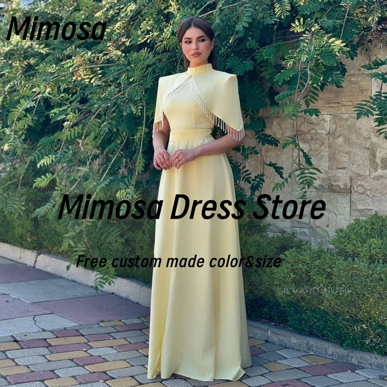 

Mimosa Prom Dresses High Collar Tassels Shawls Birthday Party Dress Floor Length Formal Evening Gowns Customized