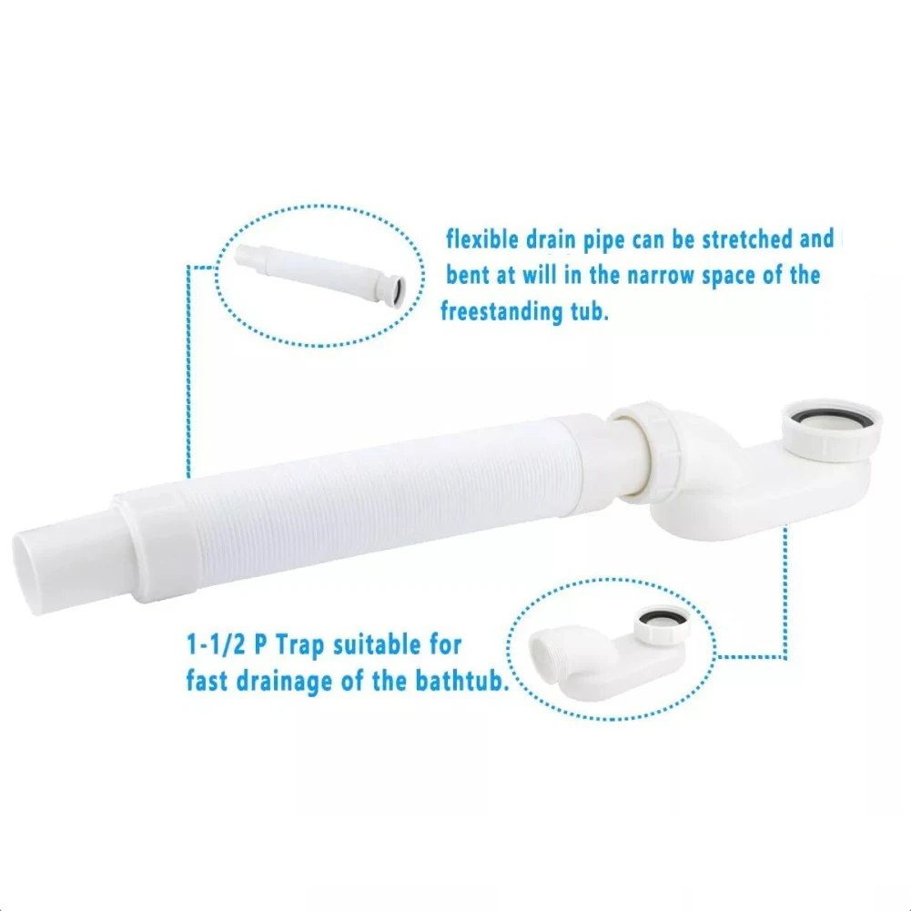 G1-1/2 Bathtub Drain Pipe with Flat P-Trap Layout Designed for Freestanding Tub and Integration into Diverse Bathroom Plans