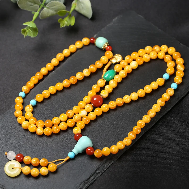

Original Natural Amber Color Beeswax Chicken Oil Yellow108Bracelet Multi-layer Necklace Original Mine Old Amber Bracelet Buddhis
