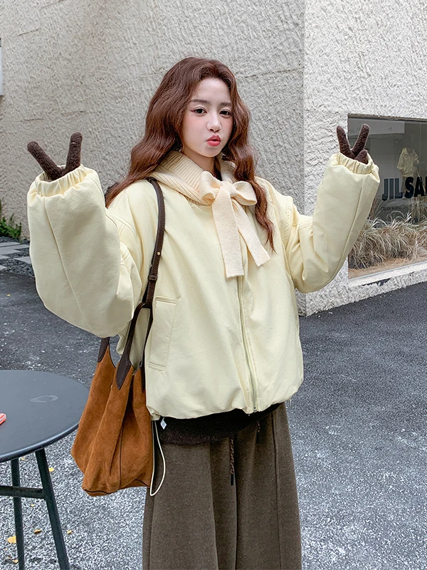 

Женская зимняя модная корейская куртка-пуховик цвета хаки с капюшоном, вязаная, на молнии, с наполнителем из белого утиного пуха, теплая, свободного кроя, милая