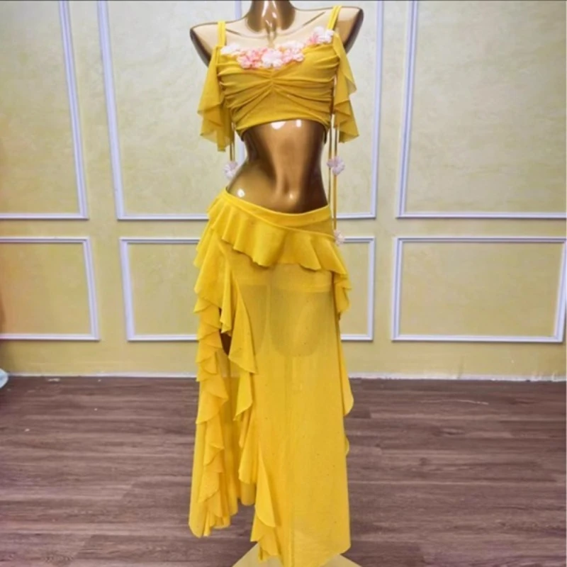 Costumes de danse du ventre orientale personnalisés, haut de taille Sexy, jupe longue enveloppant les hanches, vêtements d'entraînement, robe de spectacle de danse moderne