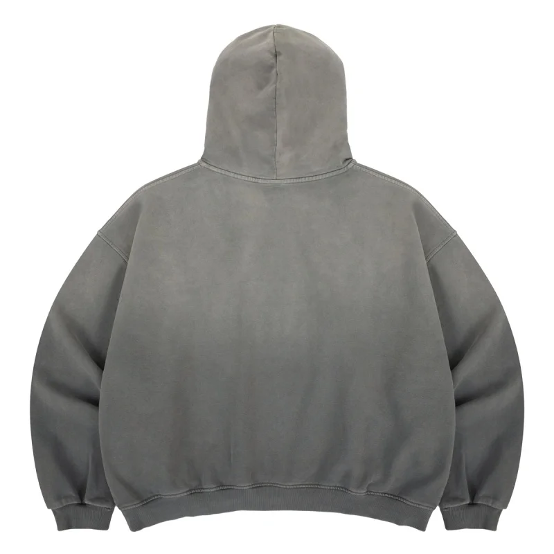 Men Vintage Washed Gray Hoodie Autumn Winter Fleece Lined Warm Hooded Sweatshirt Retro Graphic Streetwear