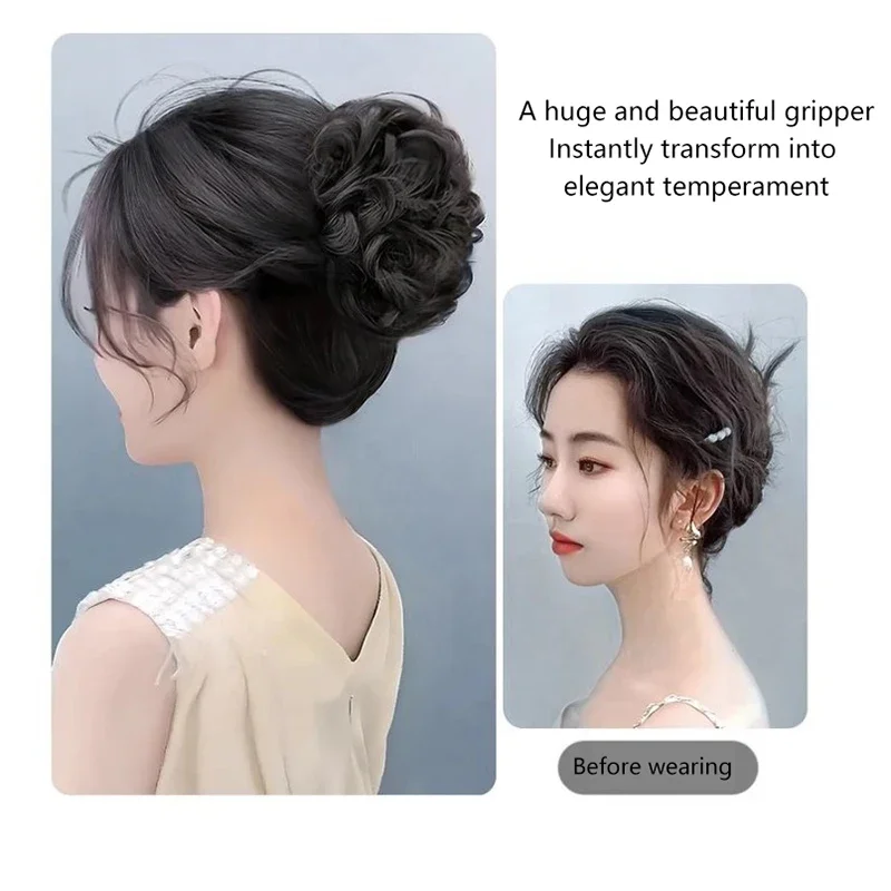 

Lifelike Messy Curly Synthetic Hair Bun Wig With Flower Bud Gripping Clip Elastic Women's False Hair Piece High-Temperature Silk