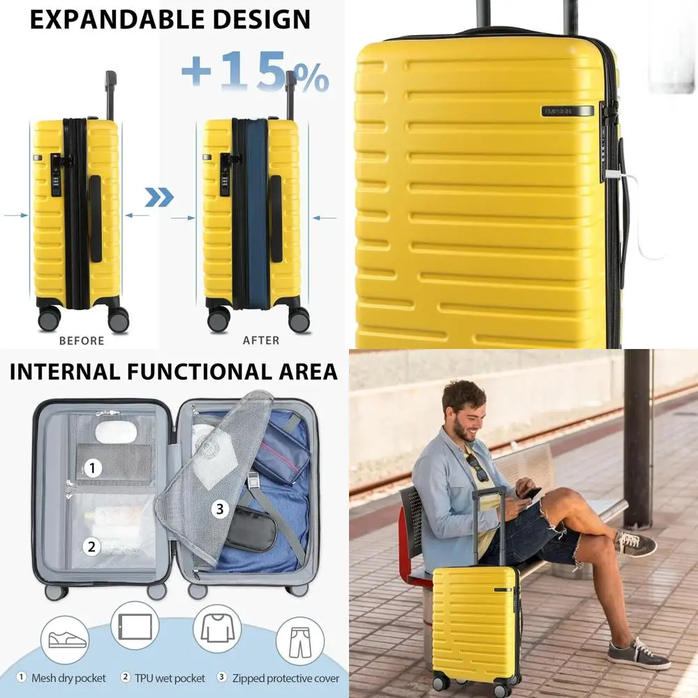 Yellow 20-Inch Expandable Hard Shell Carry-On Suitcase with Spinner Wheels and TSA Lock, Airline Approved