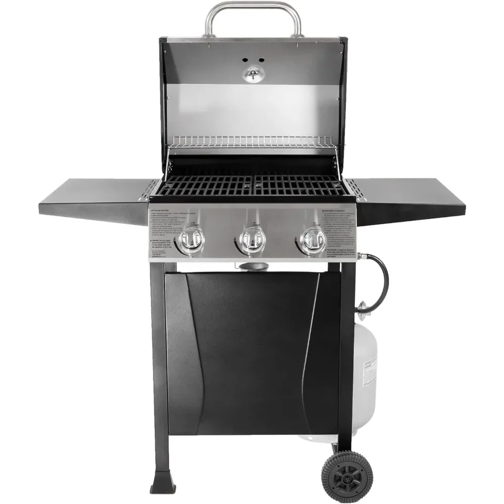 Outdoor Barbeque 3 Burner Propane Gas Grill for Barbecue Cooking with Top Cover Lid, Wheels, and Side Storage Shelves, Black