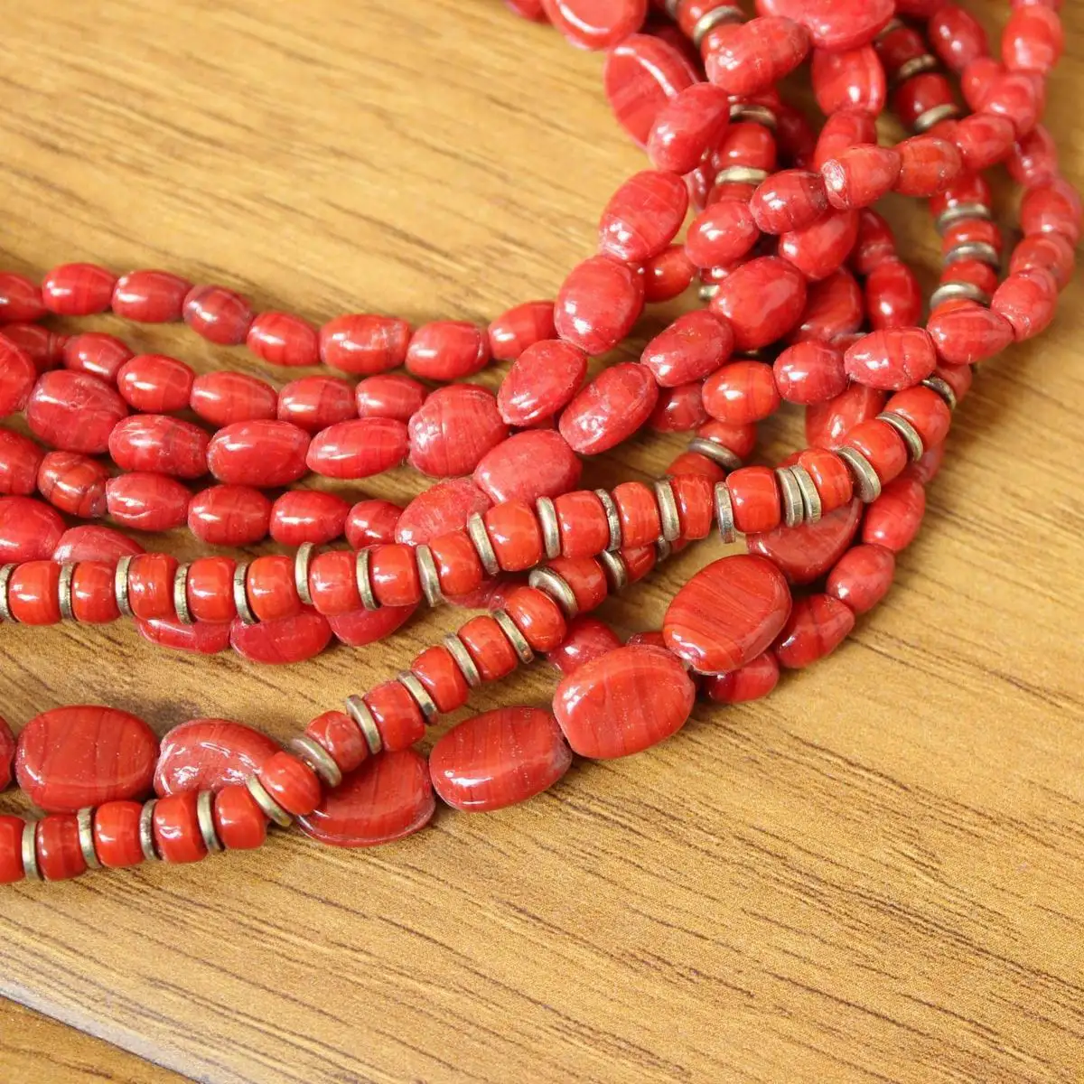 NK253 Ethnic Tibetan Jewelry Brass Red Glass Beads Multi Rows Women Beaded Necklace