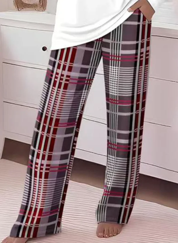 

Plaid Pocket Contrasting Top & Plaid Wide Leg Pants Home Set for Women's Pajama Sets New Style Female Fashion 2 Piece Outfits