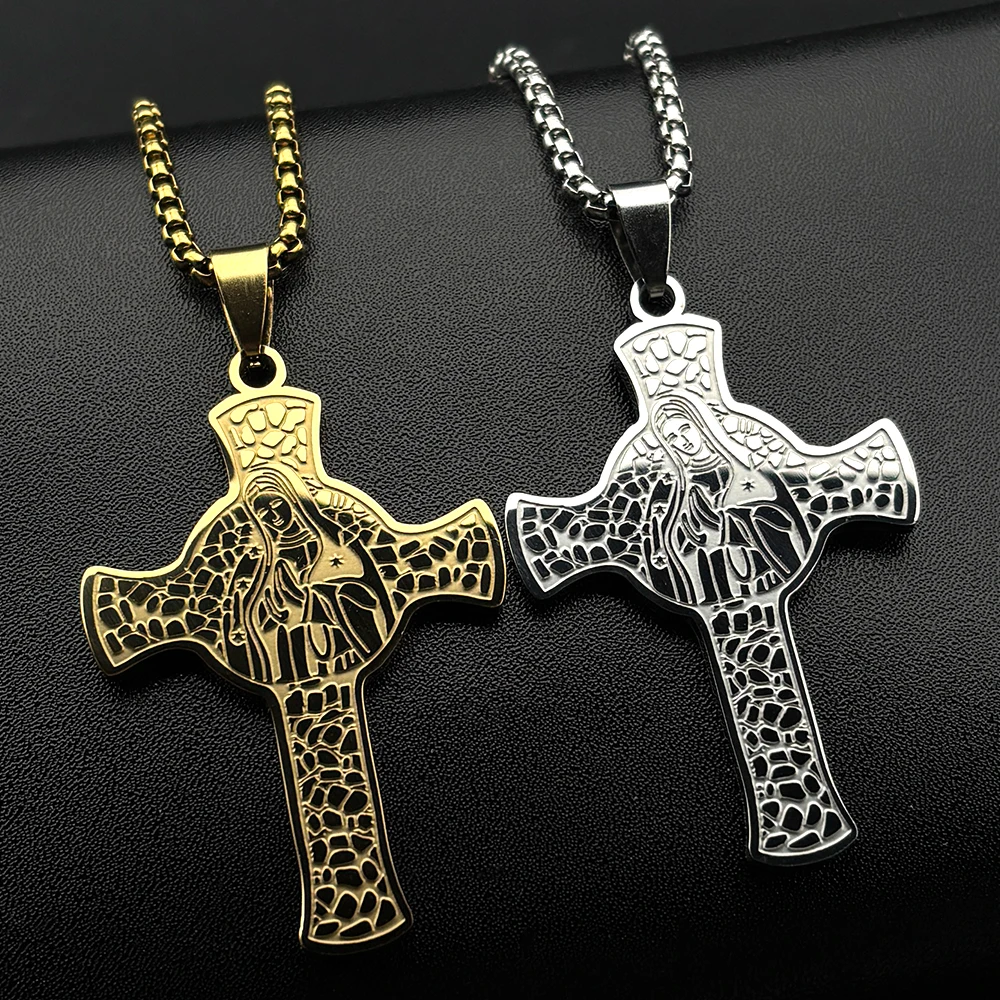 Catholic Virgin Mary Cross Pendant Necklace for Women Men Stainless Steel Gold Color Our Lady Guadalupe Hip Hop Chain Jewelry