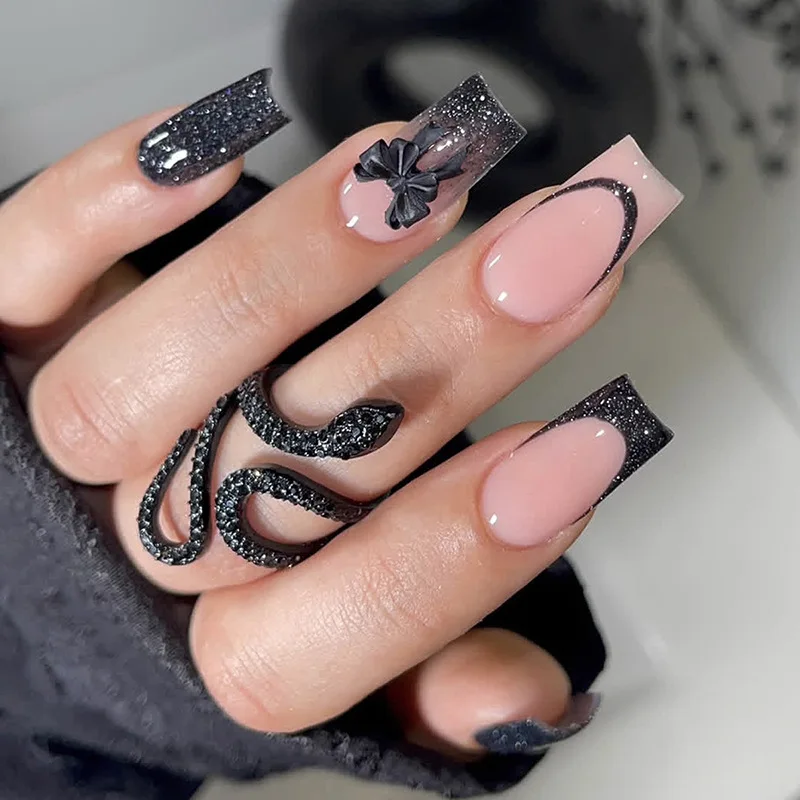Black French Tips Press on Nails 3D White Bowknot Alloy Stars Designs Fake Nails Ballet Charms False Nails Korean Manicure 24Pcs