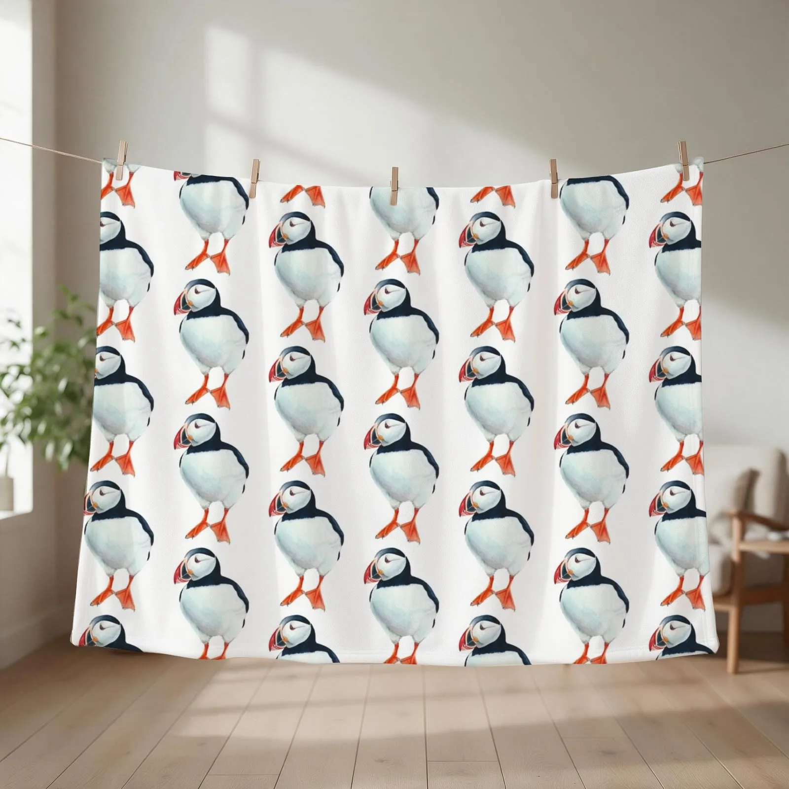 Puffin watercolor Throw Blanket couch cozy soft plush fuzzy picnic outdoor blanket