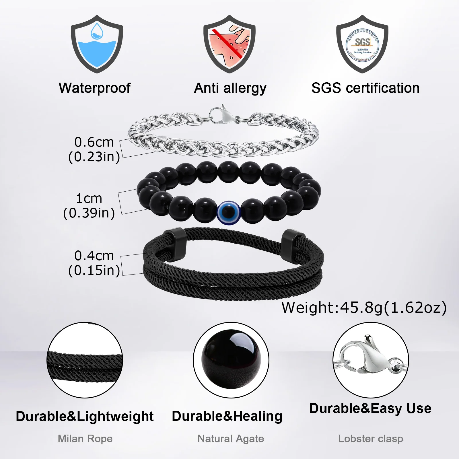 3 قطع سوار رجالي أنيق، سوار معصم قابل للتعديل بحبل أسود اللون، سوار مطرز على شكل عين الشيطان التركية #4