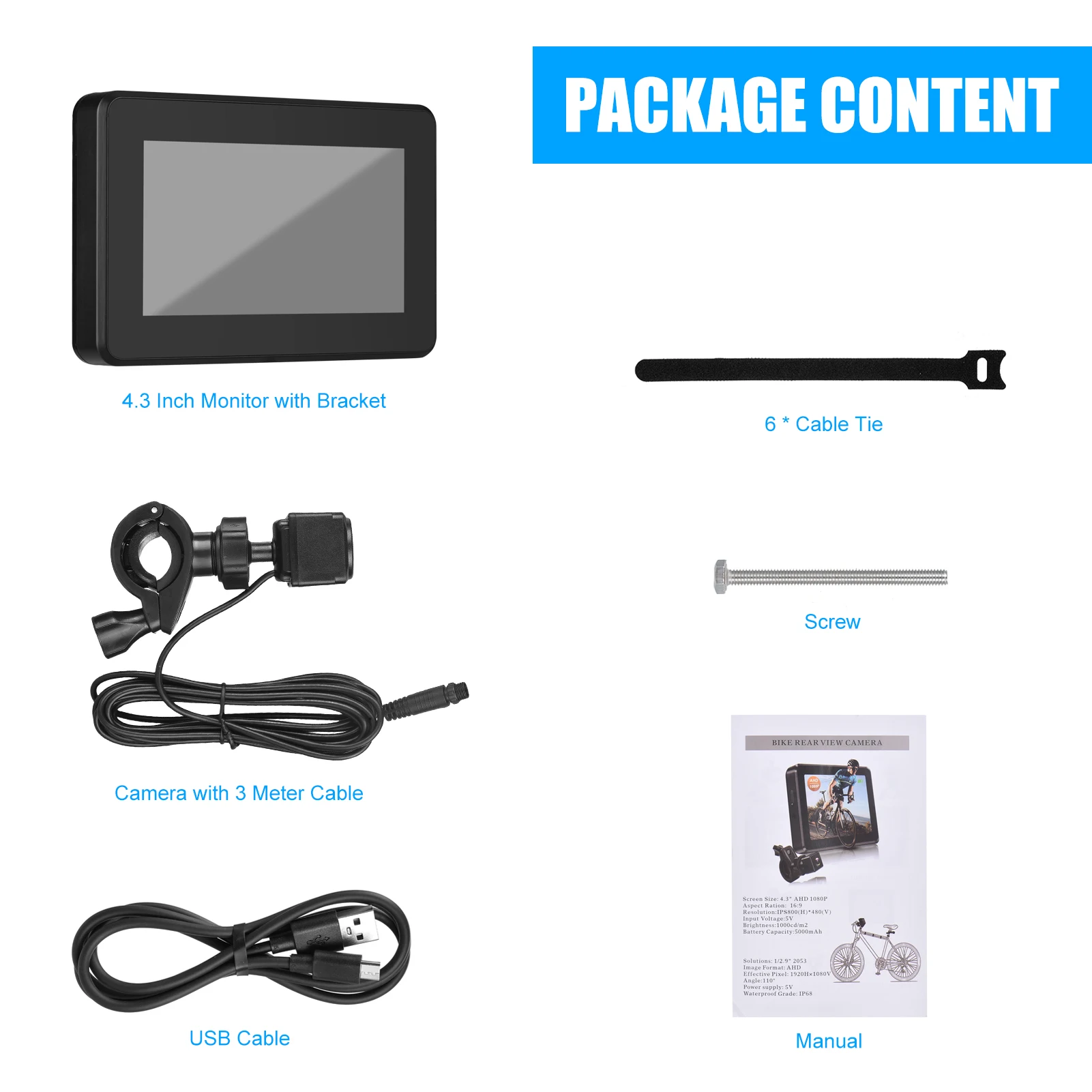 

Handlebar Bike Mirror, 4.3" 1080P Bicycle Front and Rear View Camera Recorder with Night Vision Function, 110° Wide Angle View