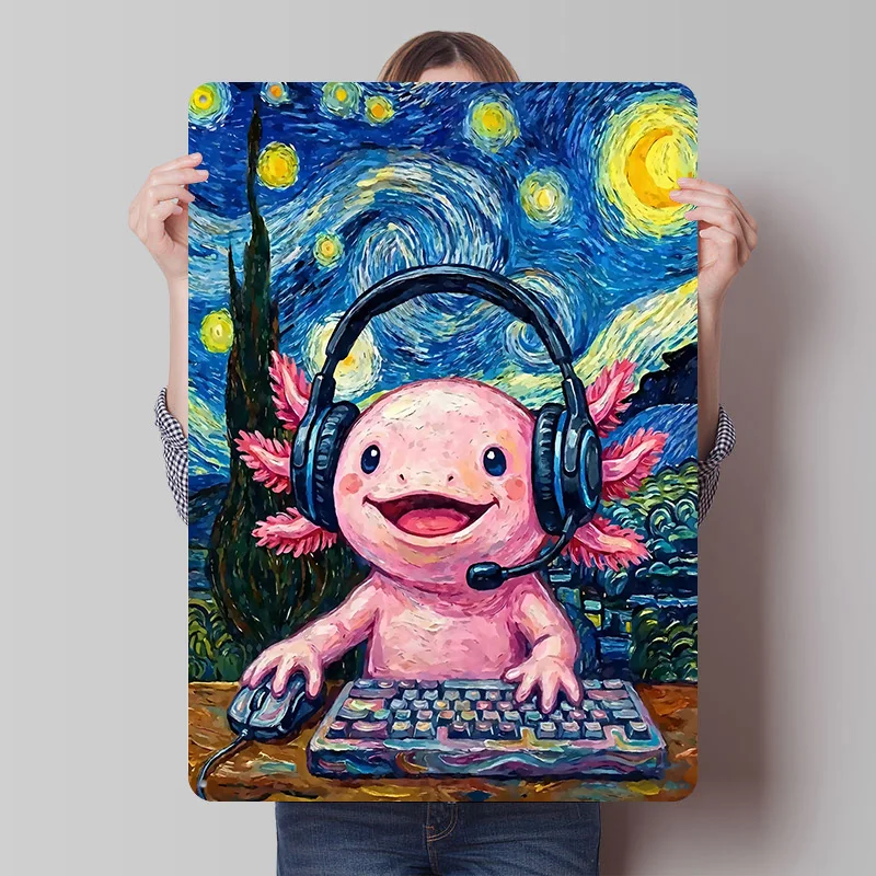Axolotl PC Gamer Starry Night P Printed Poster Customized Wall Art Retro Vintage Metal Tin Signs for Gamer Office Decoration