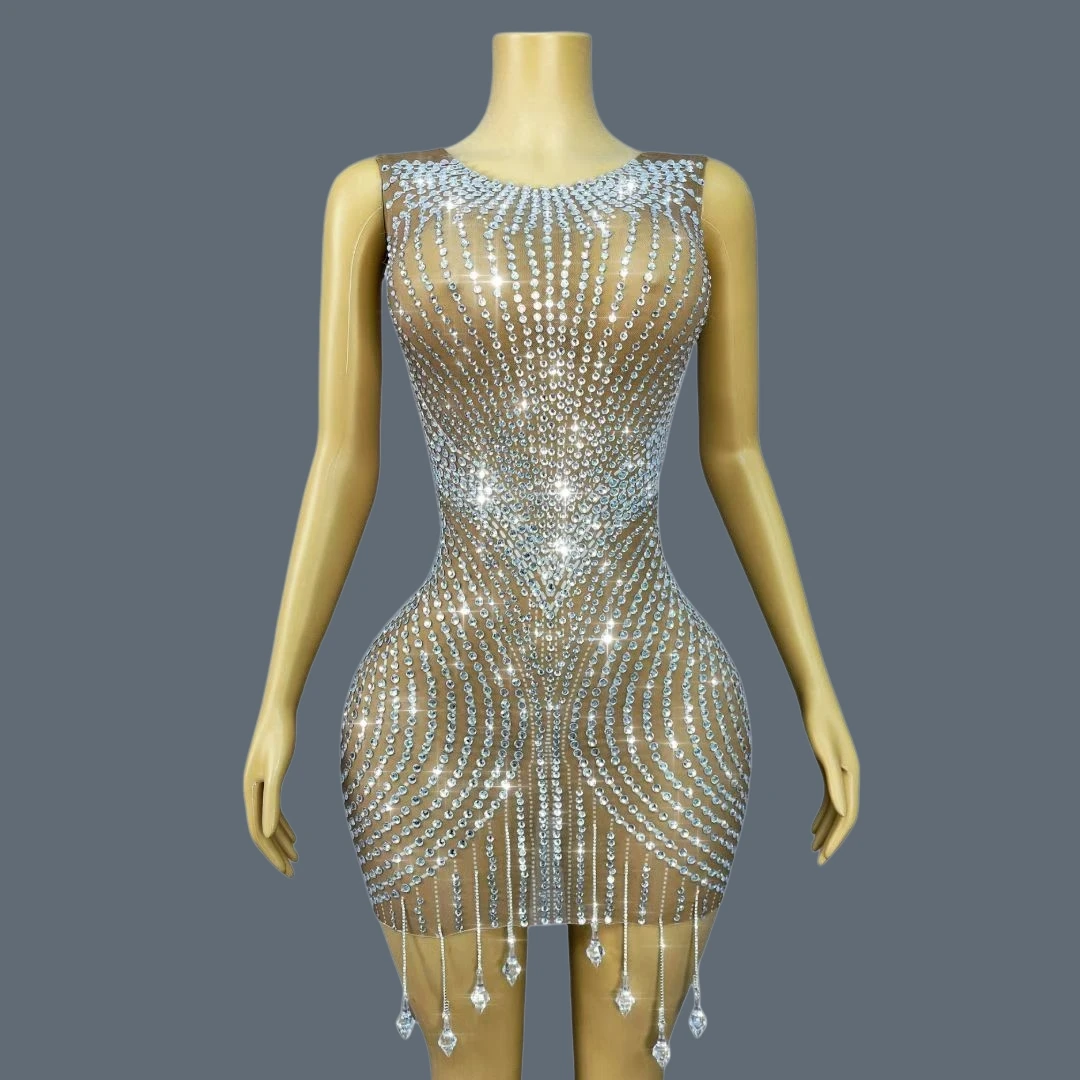 

Luxury Sparkly Rhinestone Crystals Dress Women Prom Celebrate Birthday Party Mesh Evening Dress Sexy Stage Dance Outfit Guyawen