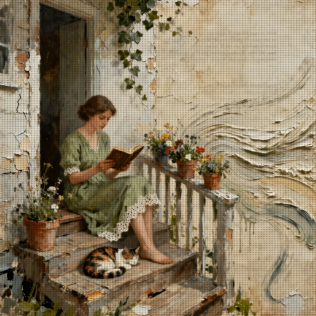 1PC 36X36cm/14.17X14.17inch, 11CT Print Cross Stitch DIY Kit, Porch Read, Adult Beginner's Relaxed Cross Stitch
