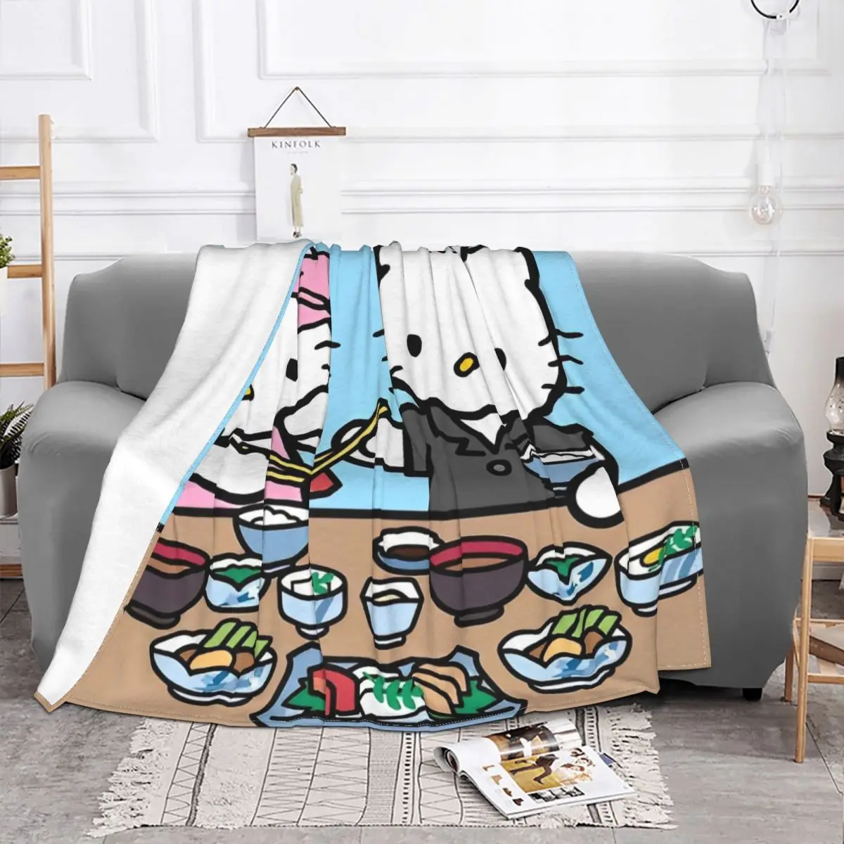 Official Hello Kitty And Father Eating Blanket Flannel Printed Multifunction Soft Throw Blanket for Bedding Couch Rug Piece