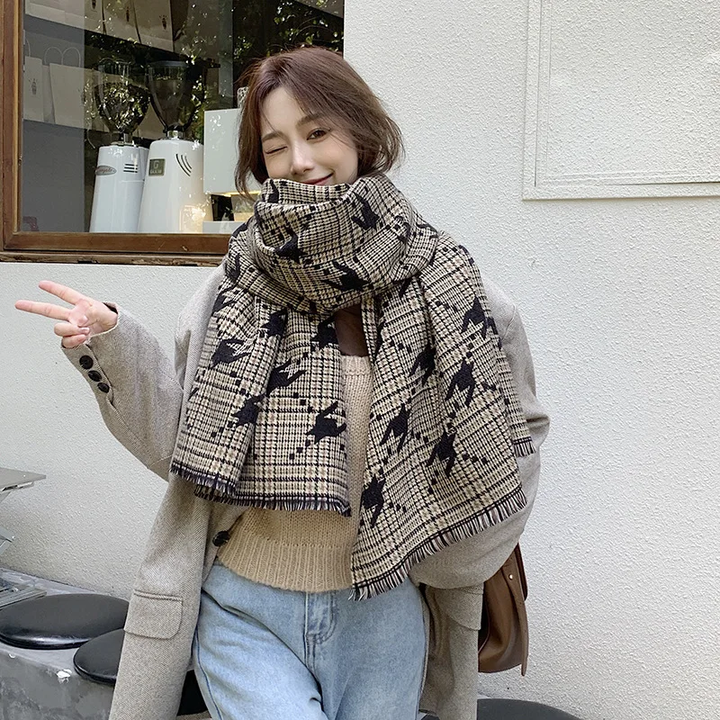 Fashion Brand Cashmere Scarf Women Winter Autumn Houndstooth Plaid Long Pashmina Cold Day Double-sided Tassel Thick Shawl Ladies