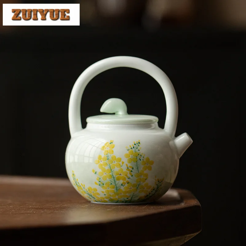 

130ml Hand Drawn Rapeseed Flower Creative Ceramic Teapot Luxury Tea Infuser Pot Tea Brewing Kettle With Filter Chinese Tea Set