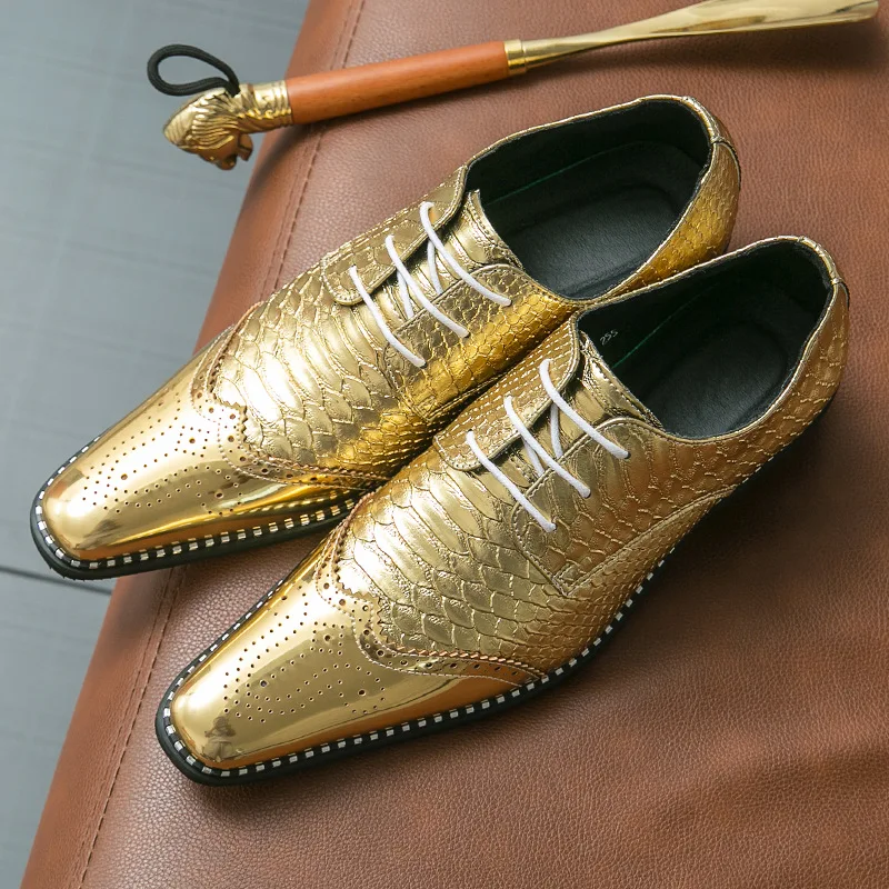 Luxury Designer Pointed Gold  Brogue Oxford Leather Shoes For Mens Formal Wedding Prom Dress Homecoming Zapatos Hombre