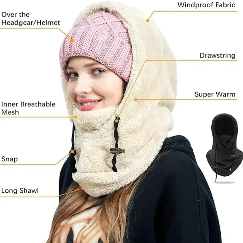 Sherpa Hood Ski Mask High Polar Fleece Balaclava Winter Windproof Outdoor Cycling Cap Face Masks Beanies Women Plush Warm Hat