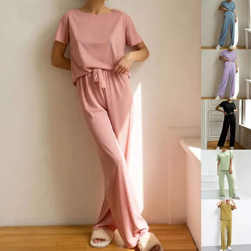 

Casual Faion ort Sve Long Pants Set Pure Color Home Clothes Women Summer Outdoor Wear Comfortable Breathable Polyester