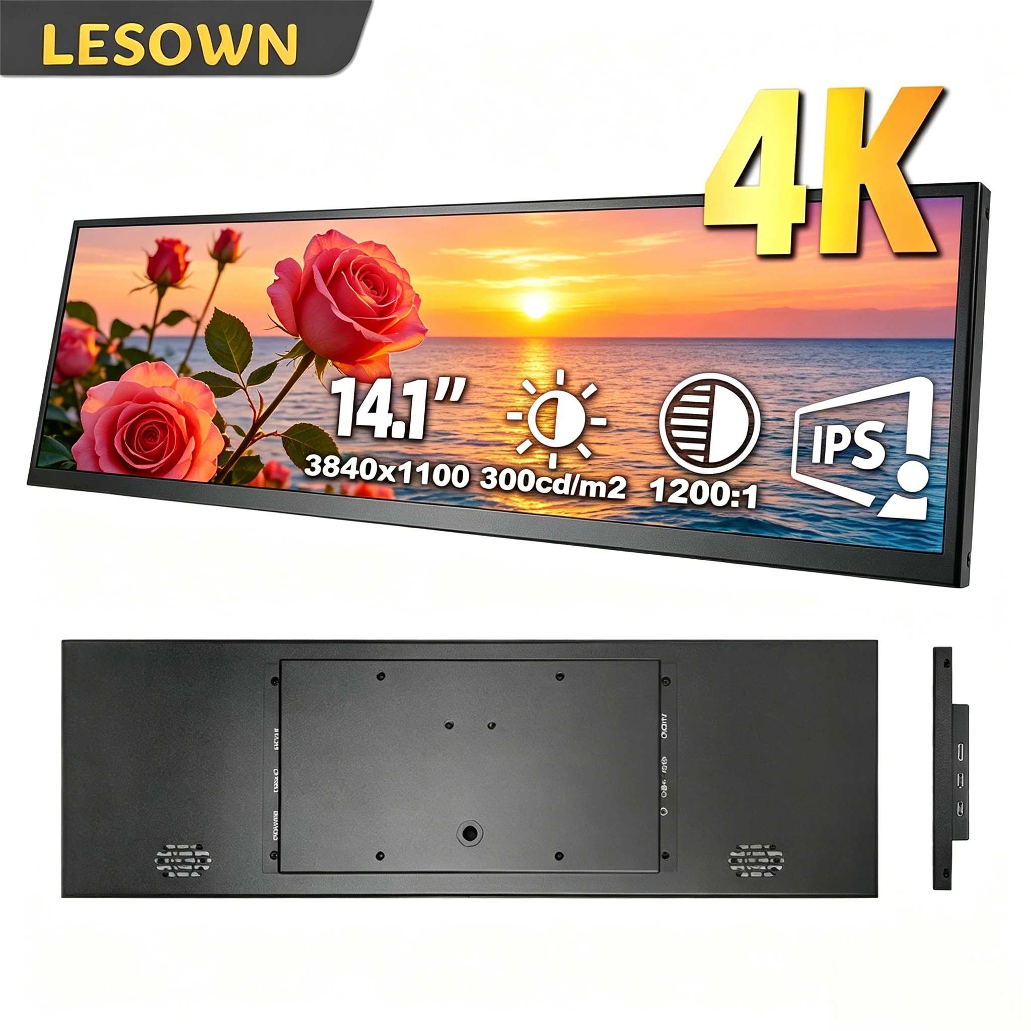 LESOWN 14.1 Inch Premium PC Chassis LCD 3840x1100 4K Stretched Bar for Enthusiast PC Monitoring