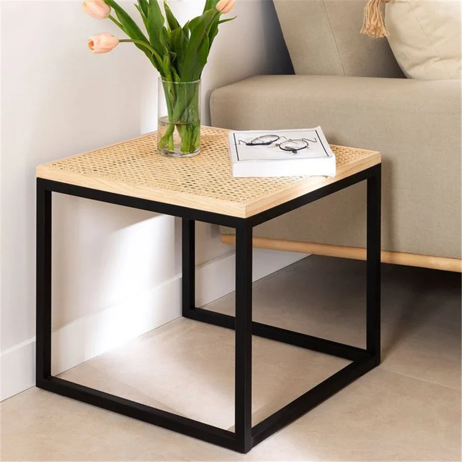 Oak Italian Metal Frame Rattan Top Decorative Side Table Set for Home Living Room