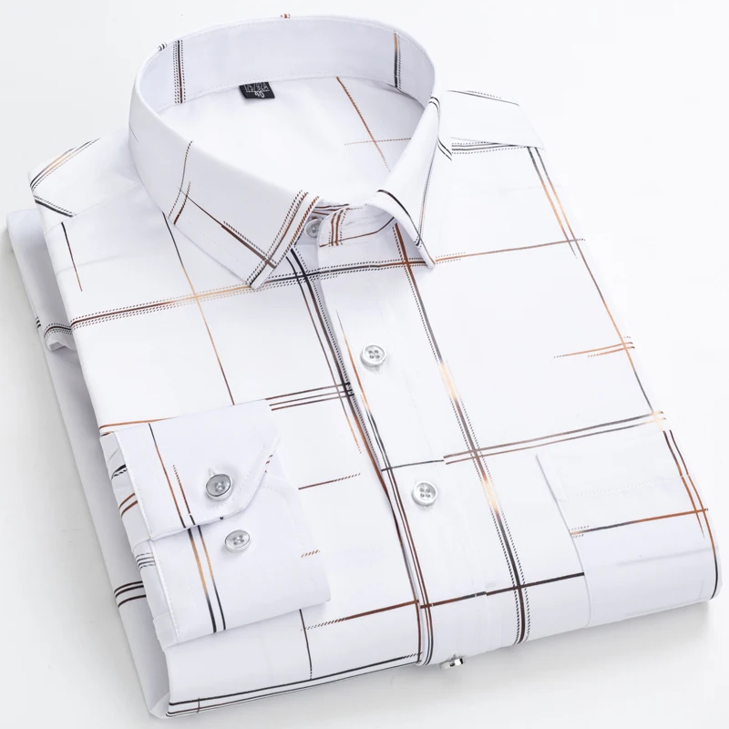 Men's Gold Foil Print Wrinkle-Free Long Sleeve Striped Casual Button-Up Shirt with Pocket Lightweight Stretch for Spring Autumn