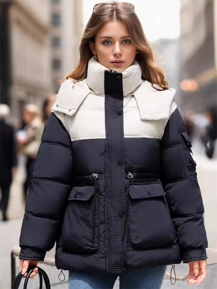 

Women's Padded Jacket 2024 Winter New Stylish Contrast Cinched Waist Hooded Stand Collar Large Pockets Loose-Fitting Warm Jacket