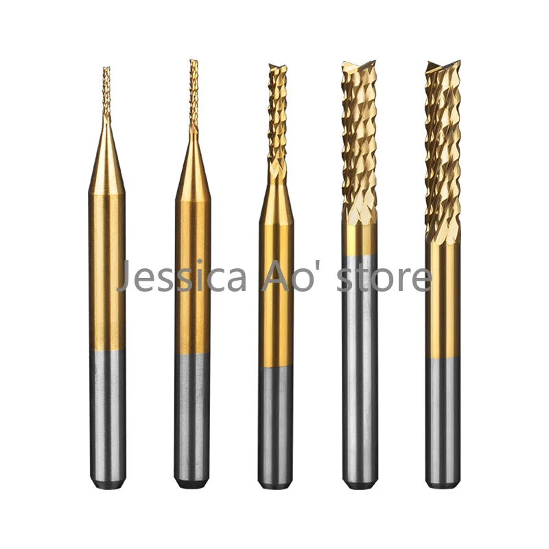 

5pcs Tungsten Steel TiN Nano Coating PCB Milling Cutter Gong Knife Rough End Mill Cutter Corn Milling Cutter Carpenter Tools