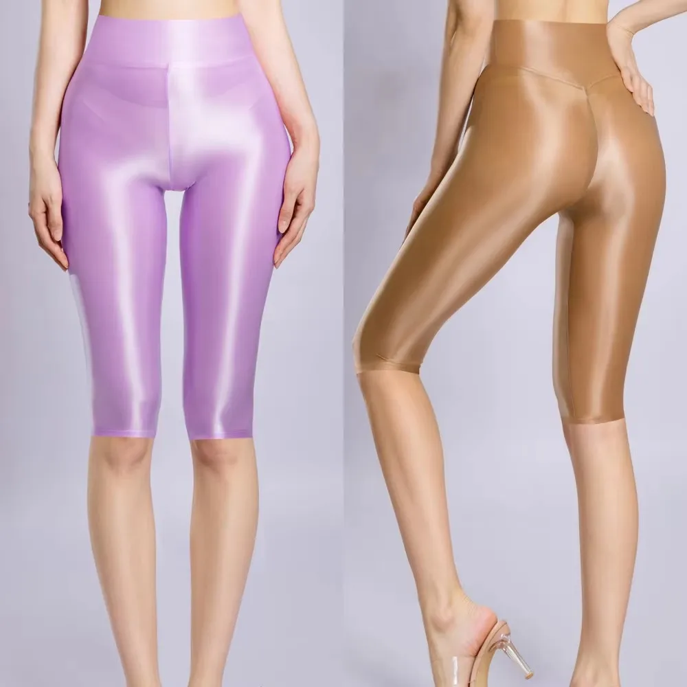 Peach Hip Knee Length Shorts M-XL Cropped Pants Shiny Half Length Fitness Joggers Elastic Tights Push Up Booty Lifting Legging