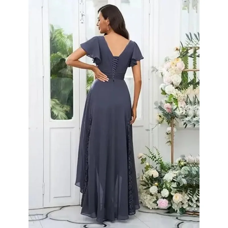 فساتين أم العروس بطول الشاي لحفلات الزفاف بأكمام مكشكشة من الشيفون فستان رسمي لوصيفة العروس #2