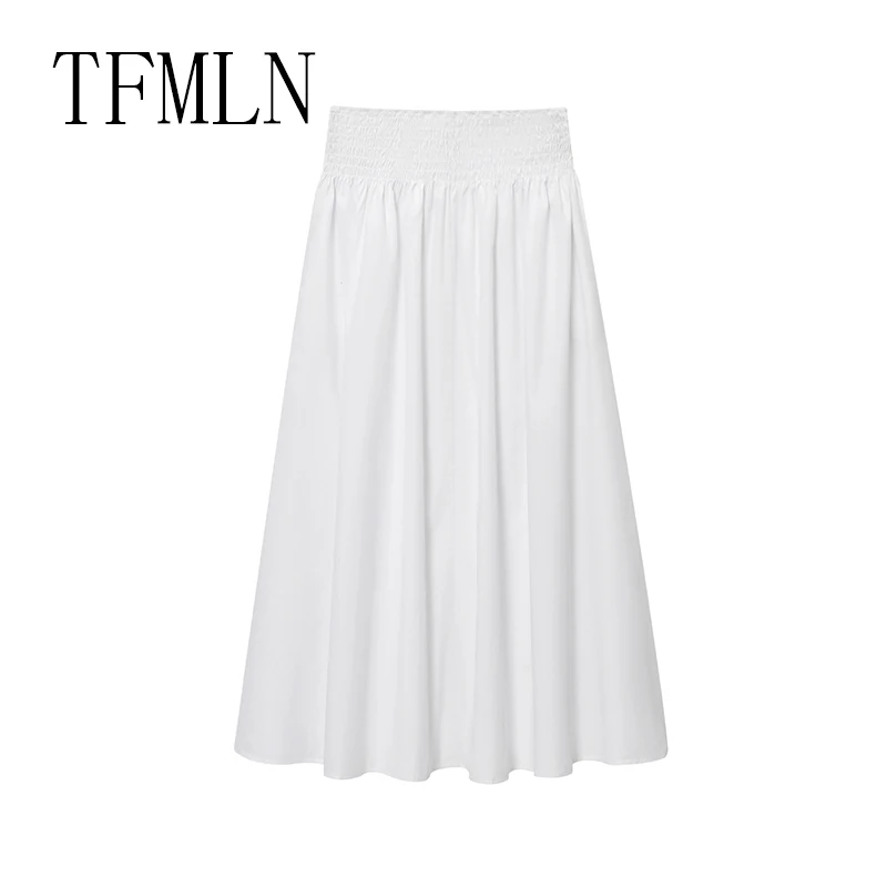 TFMLN تنورة نسائية أنيقة مطابقة تنورة بيضاء أنيقة للسيدات تنورة جيوب غير رسمية للفتيات الجميلات بخصر مطاطي تنورة متوسطة الطول