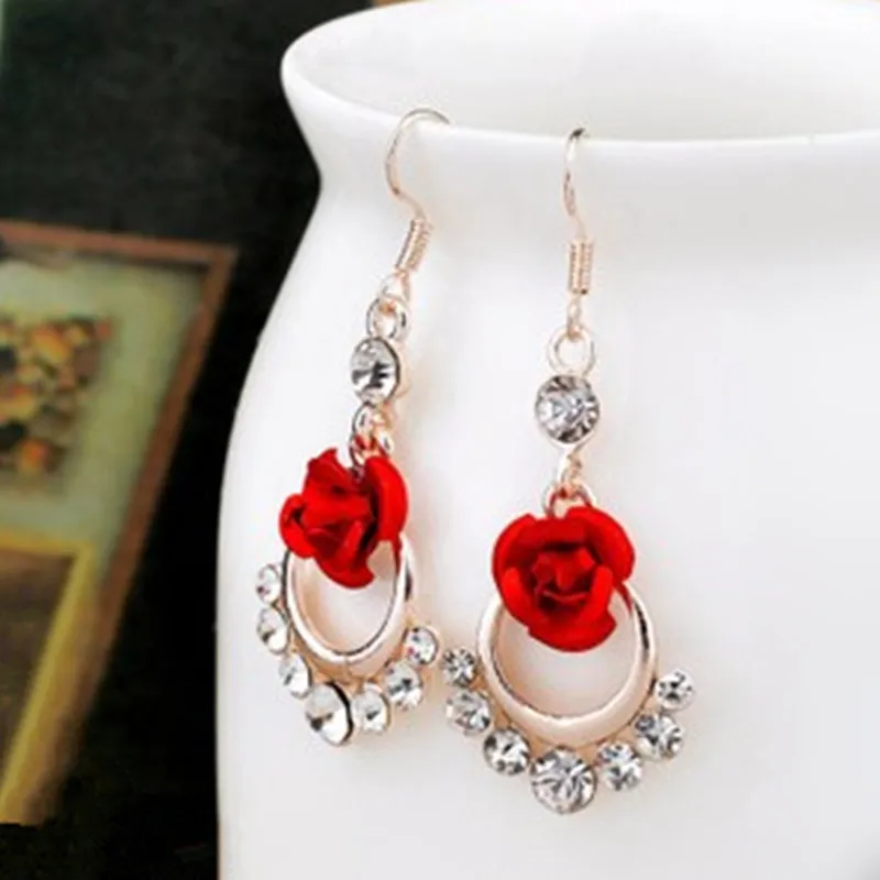 Vintage Red Rose Earrings Rose Gold Color Crystal Rhinestone Pearl Butterfly Flower Stud Earrings  Women Gifts Wedding Jewelry