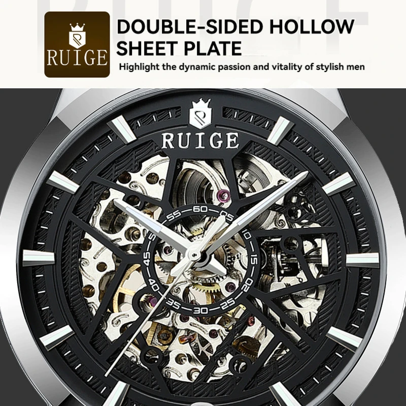 RUIGE new hollowed out fully automatic mechanical watch for men, stainless steel night light waterproof trend men's watch