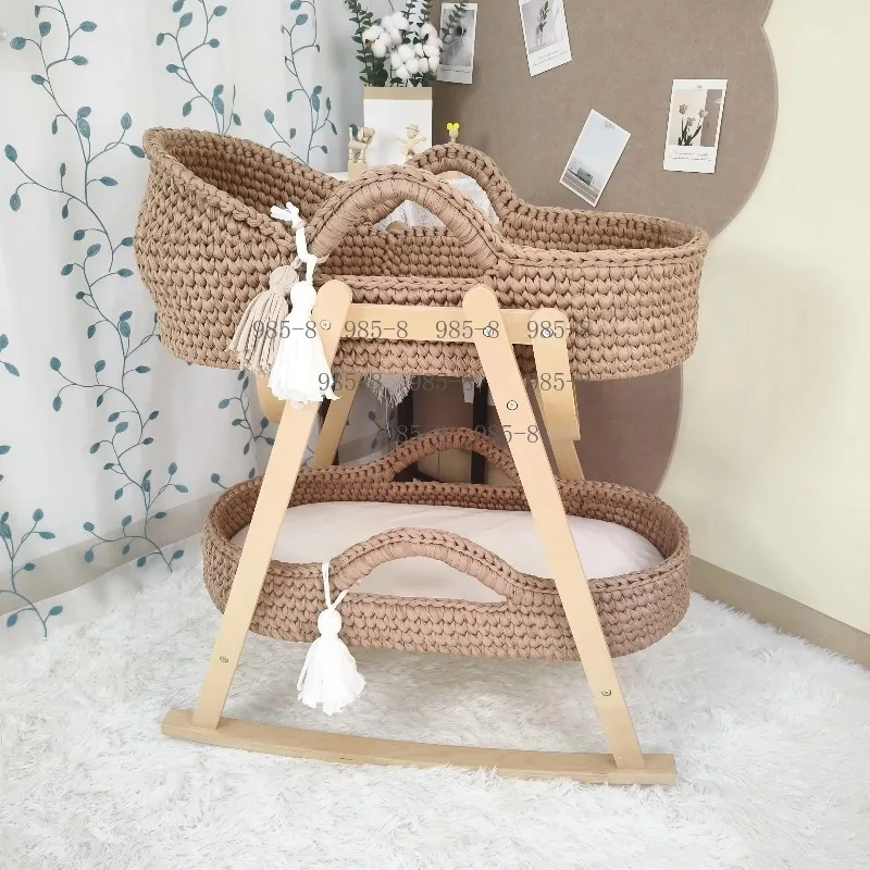 Portable Handwoven Moses Basket Newborn Lounger, Beige Crochet Baby Cradle With Wooden Stand & Soft Mattress