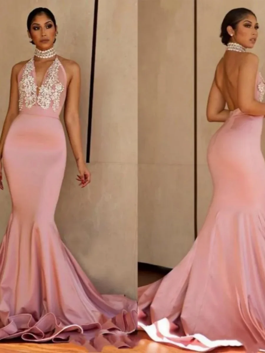 Renda seksi V-neck gaun pesta putri duyung halter leher backless appliqué penuh ayunan gaun malam formal pesta kontes gaun dibuat sesuai pesanan