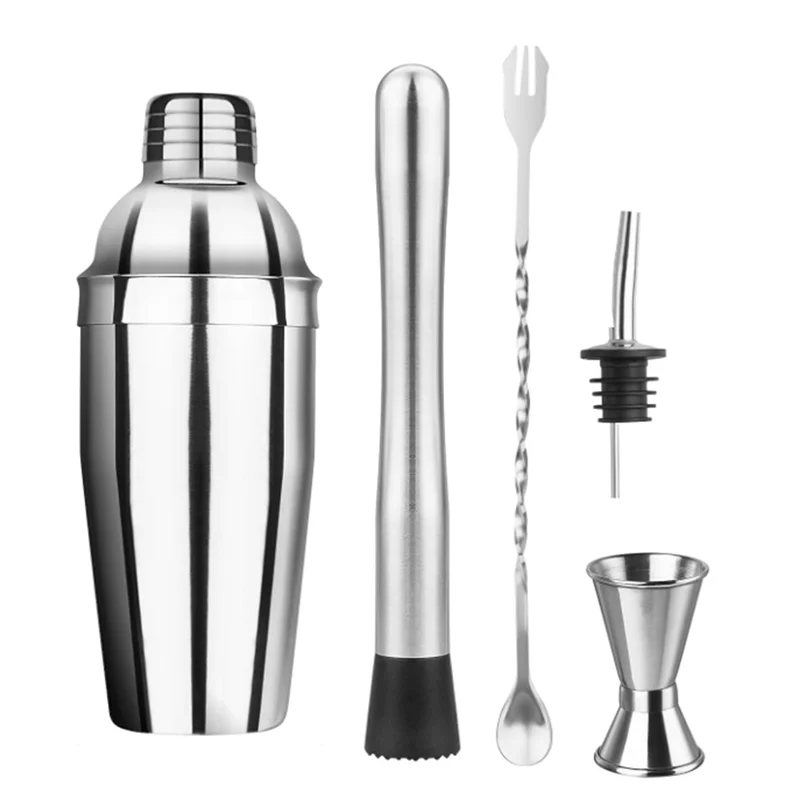 

AEE4-Cocktail Shaker Bartender Kit - 5 Pieces Cocktail Martini Shaker With Strainer, Muddler For Cocktails, Bar Spoon