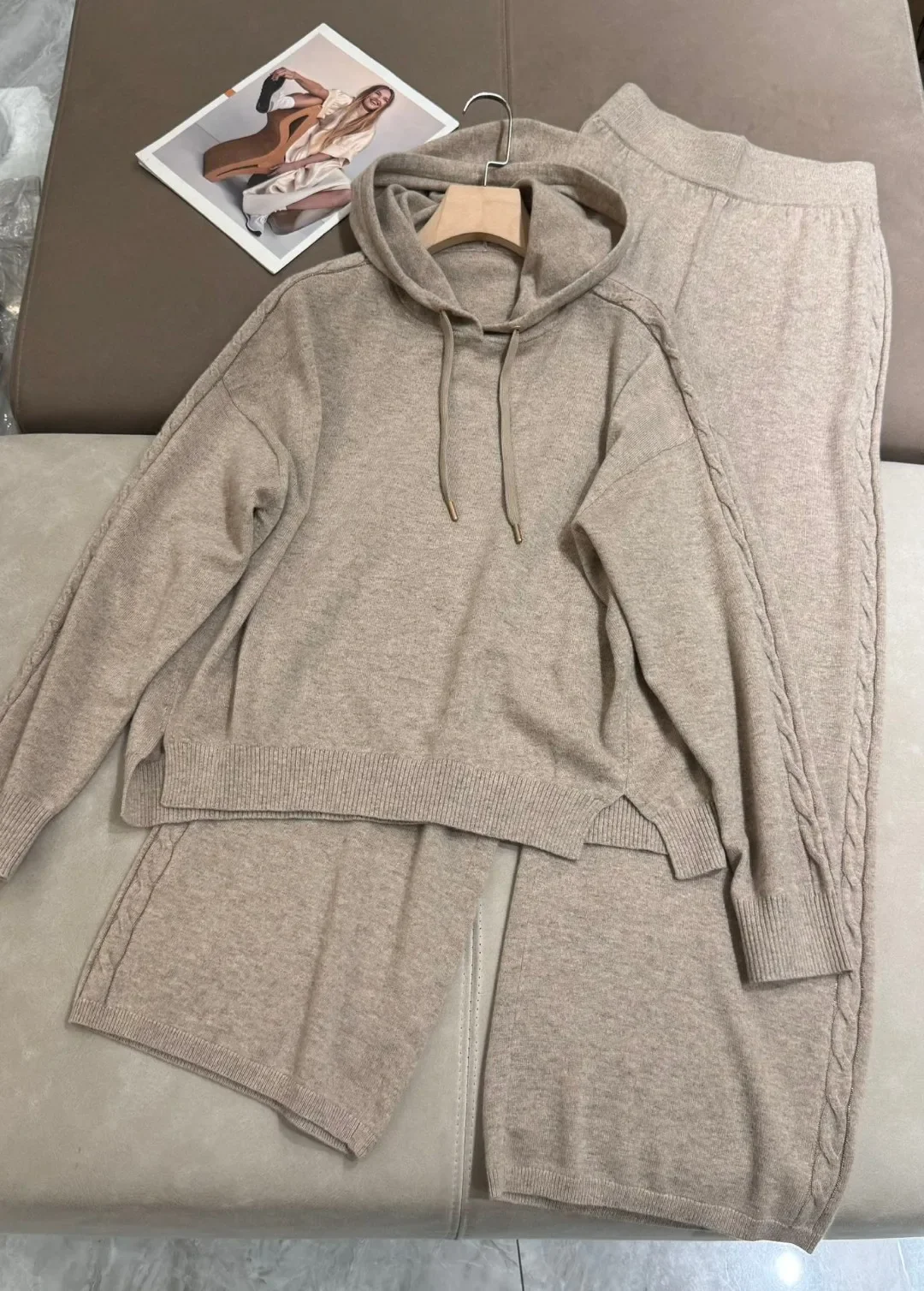 Women's Knitted Set 2024 New Autumn Spring Cashmere Drawstring Solid Color Casual Long Sleeve Hoodies or Wide Leg Pants