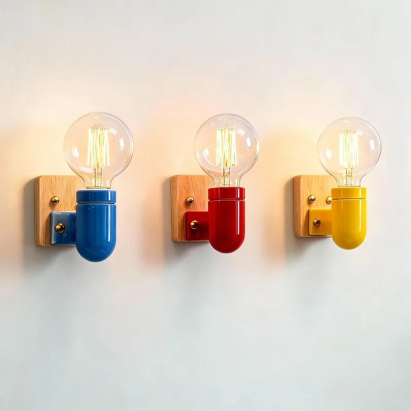 Japanese Wabi Sabi Style Children's Room Solid Wood Colored Ceramic Wall Lamps Princess Room Kindergarten LED Wall Lights
