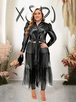 Long Black Mesh Dress Autumn Winter Ladies Plus Size Dresses Shirt-type Classic Belt High Waist Waistcoat Sexy Pu Leather Dress