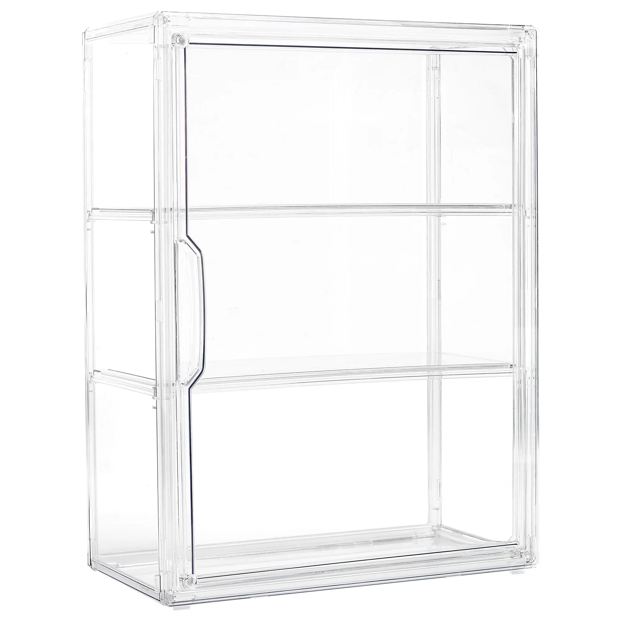 Acrylic Display Case Wall Mountable Tabletop Magnetic Door 2 Removable Partitions 3 Layer Clear Showcase for Collectibles Figurines 10.6 X 5.5 X 14.25 Inch Easy Assemble No Drilling Space Saving Dual Use with Invisible Adhesive Buckles