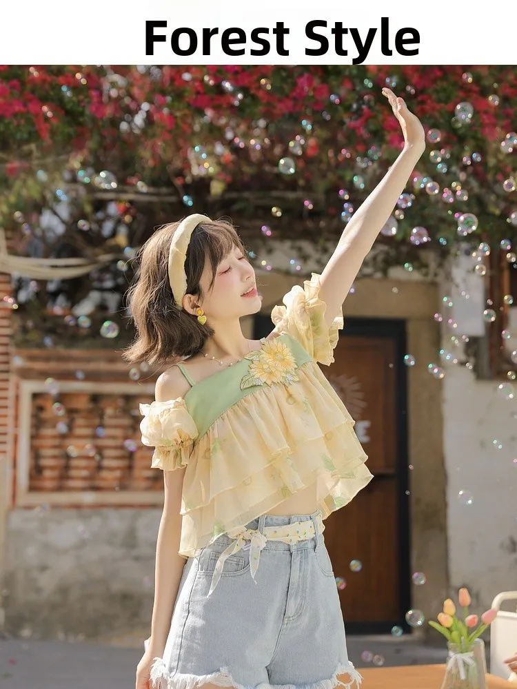 

Original Design Country Sle Svel Women's Chiffon Top Faionable Bridesmaid Dr Floral Embroidery ort Sve