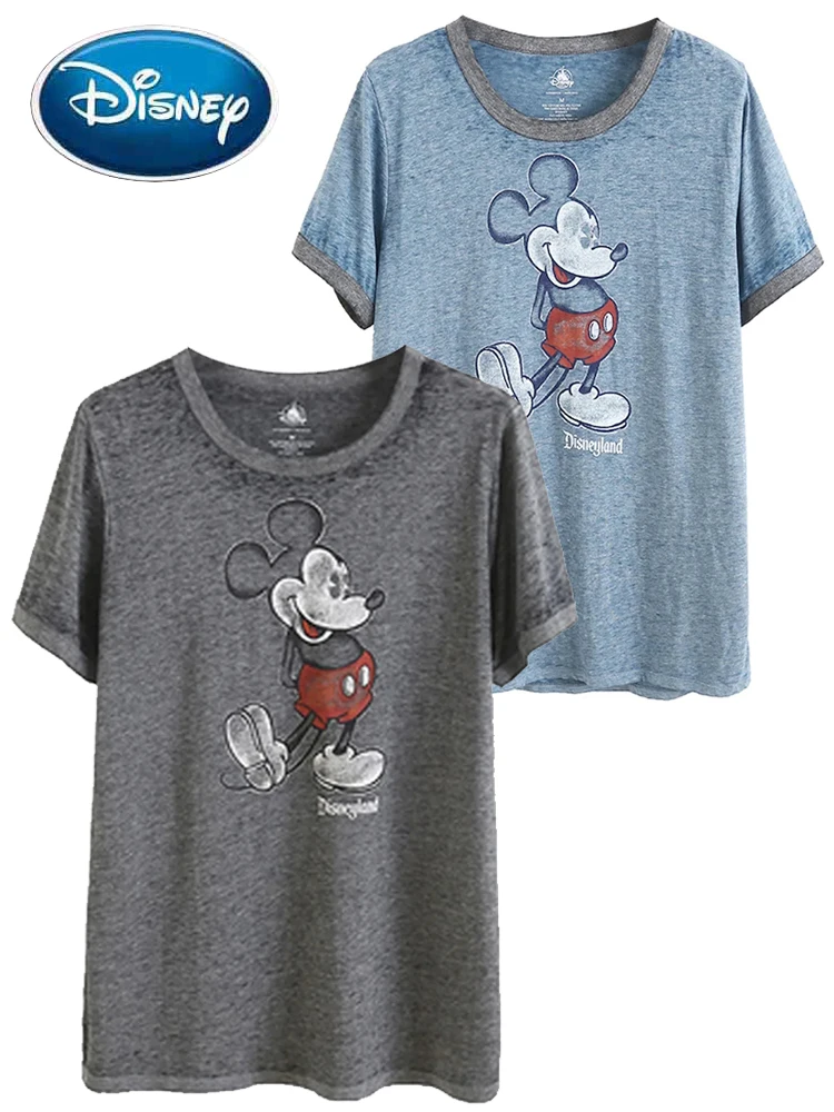 Disney Vintage Mickey Mouse Cartoon Print Distressed Water Washing T-Shirt Women O-Neck Short Sleeve Tee Tops 2 Colors Female