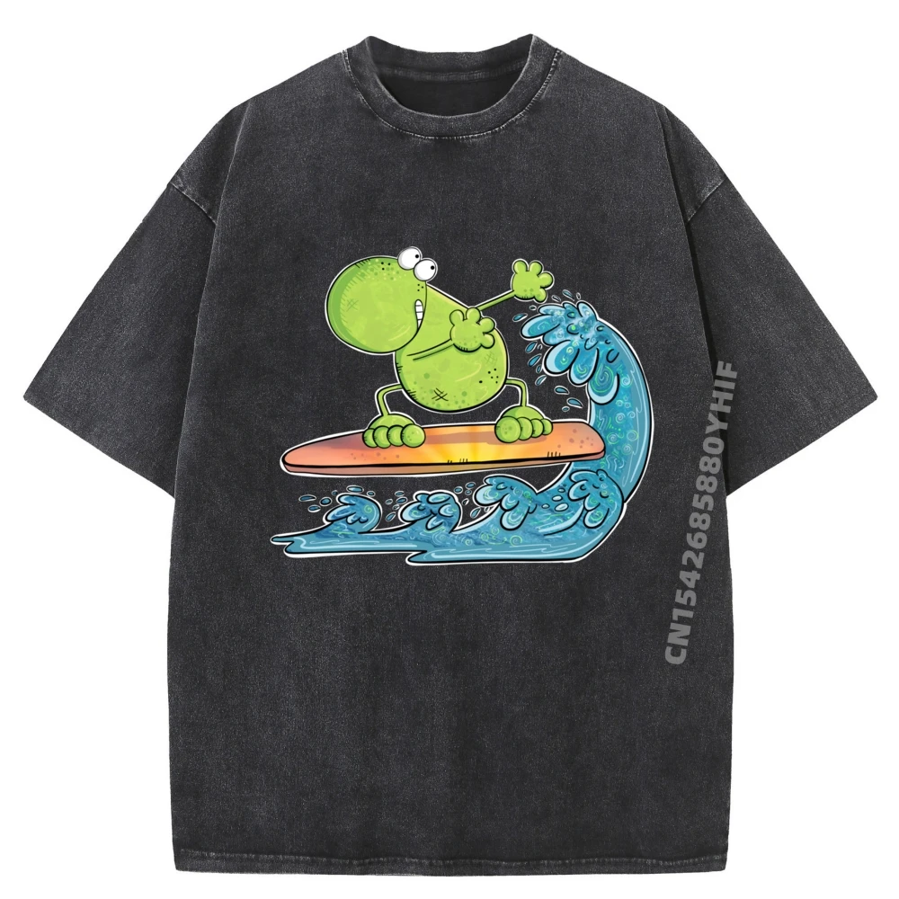 

Забавный серфер, лягушка, волна, Гавайи, доска для серфинга, серферы, пляжная роскошная футболка, мужские высококачественные потертые футболки