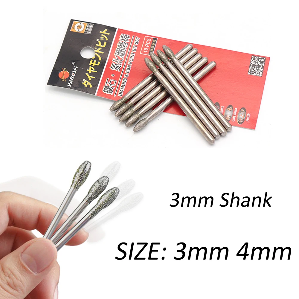

5 шт., 3 мм, 4 мм, алмазная шлифовальная головка CBN, фреза с хвостовиком 3 мм, гравировальные насадки в форме оливы для вращающихся инструментов Dremel