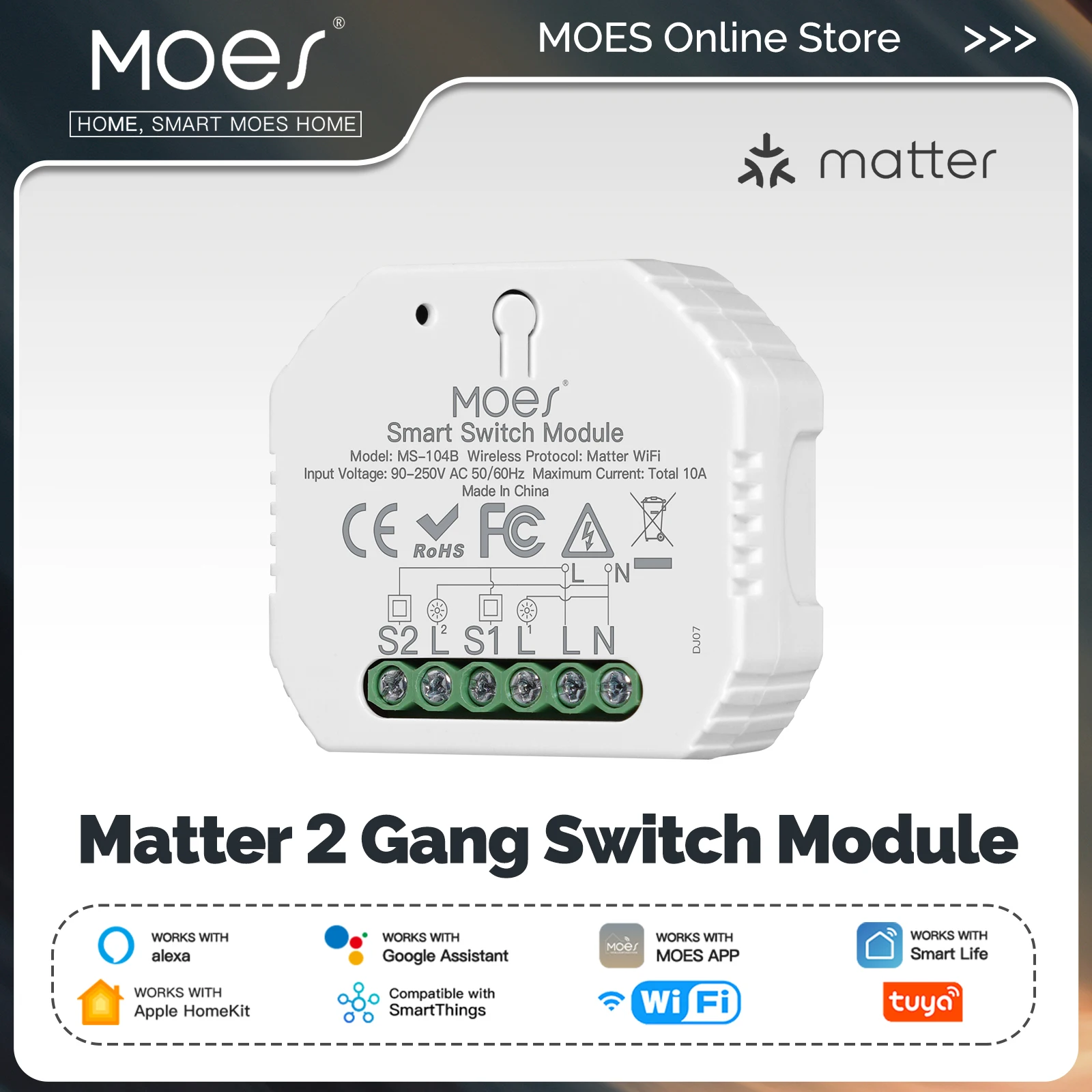 

MOES Tuya Matter WiFi Switch Module 2 Gang Smart Automation Relay Timer App Remote Control Work With Alexa Google Home Apple